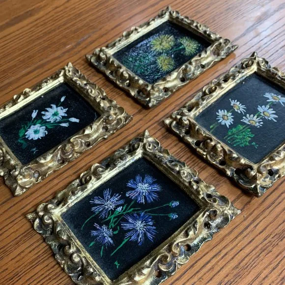 VTG 4 Floral Original Oil Paintings Gold Frames Black Philippa Connolly 1970 - Picture 16 of 16